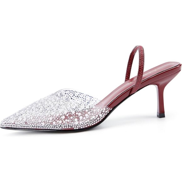 Women's Kitten Rhinestone Pointed Toe Pumps Slingback Heels Dress Shoes - Picture 2 of 7